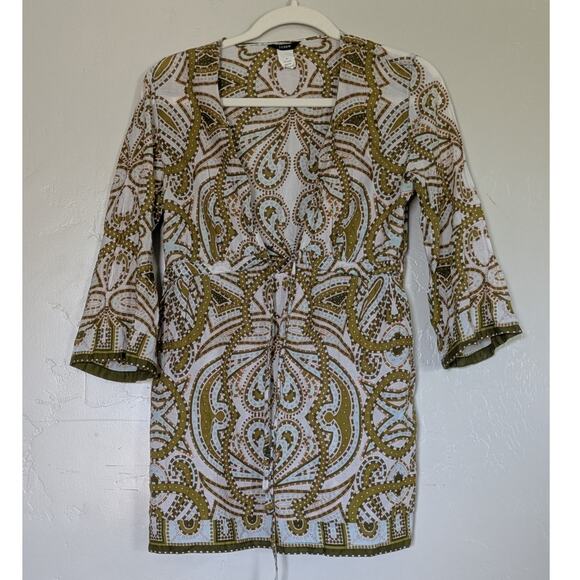 J Crew‎ Tunic Coverup Womens Size Small Green White Paisley Bohemian Lightweight - Picture 1 of 7